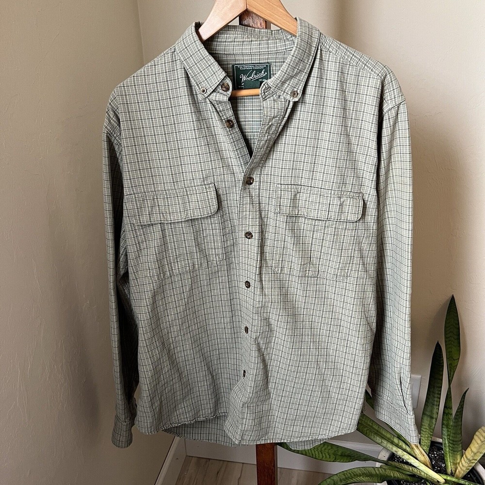 Woolrich Shirt Men Large Green Button Down Long Sleeve Plaid Camp Pockets Cotton